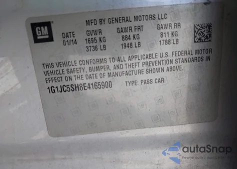 2014 Chevrolet Sonic Lt Auto from USA, damaged, VIN 1G1JC5SH8E4165900